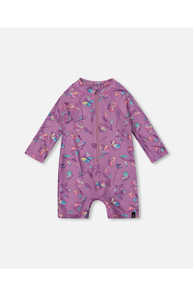 Deux par Deux Baby Girl's Printed Long Sleeve One-Piece Rashguard Old Mauve And Multicolored Butterflies, Main, color, Mauve,Multicolored Butterflies