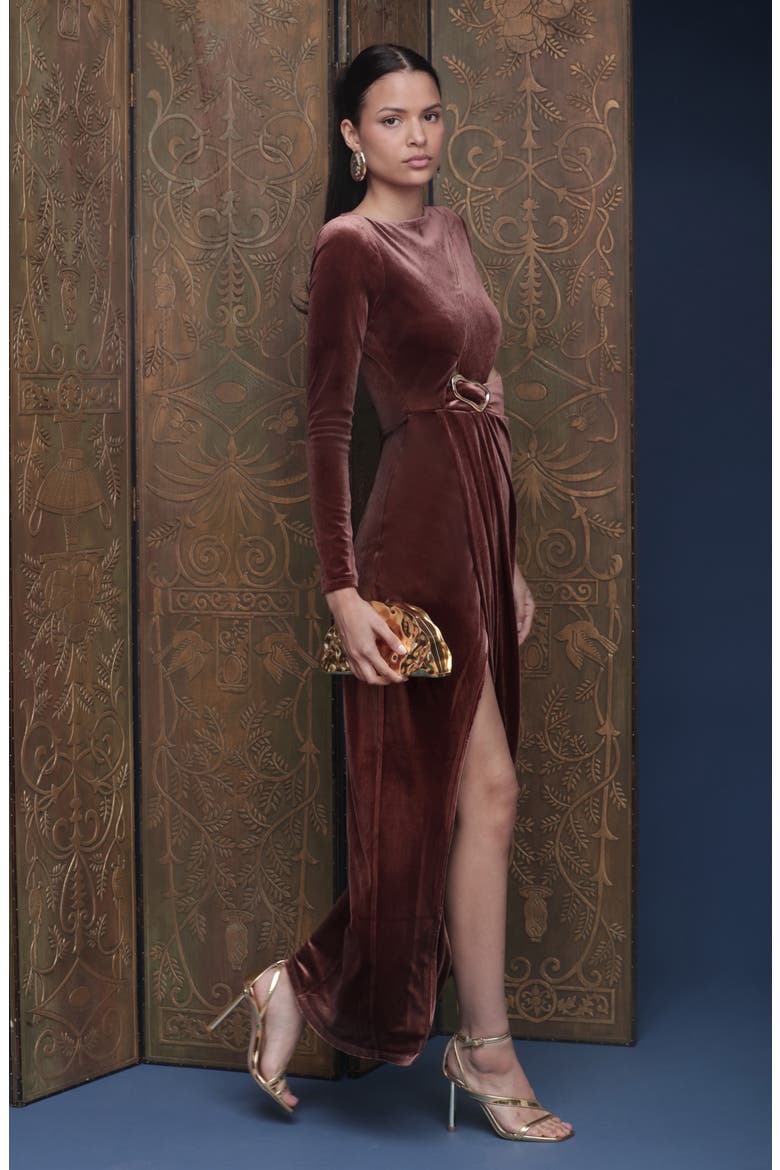 Pleated Cutout Long Sleeve Velvet Maxi Dress, Alternate, color, CHOCOLATE BROWN
