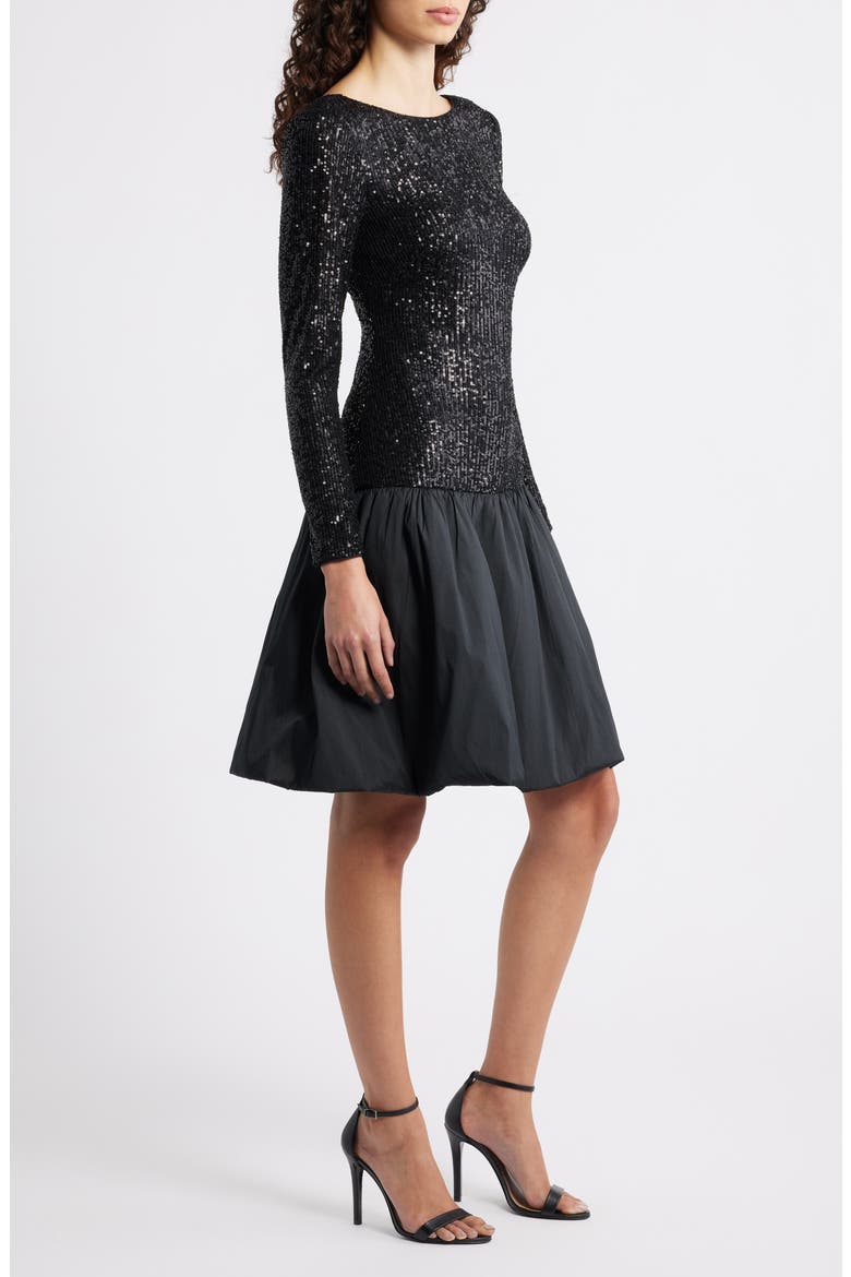 Sequin Bodice Long Sleeve Mixed Media Cocktail Dress, Alternate, color, BLACK