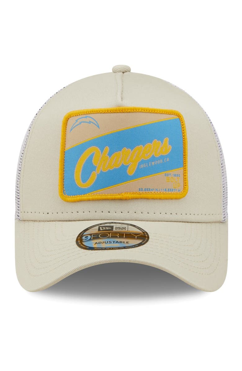 New Era Men's New Era Khaki/White Los Angeles Chargers Happy Camper A-Frame Trucker 9FORTY Snapback Hat, Alternate, color, 