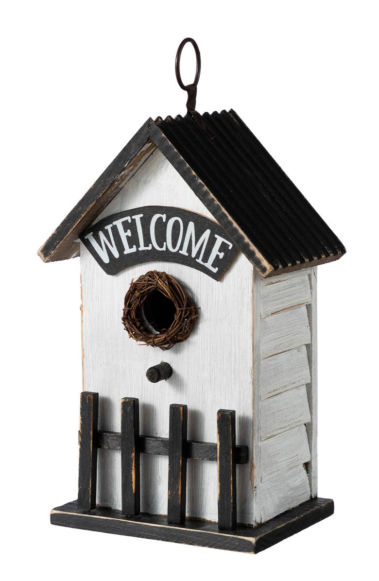 Glitzhome Washed White Distressed Solid Wood "HOME" or "WELCOME" Birdhouse, Main, color, Black