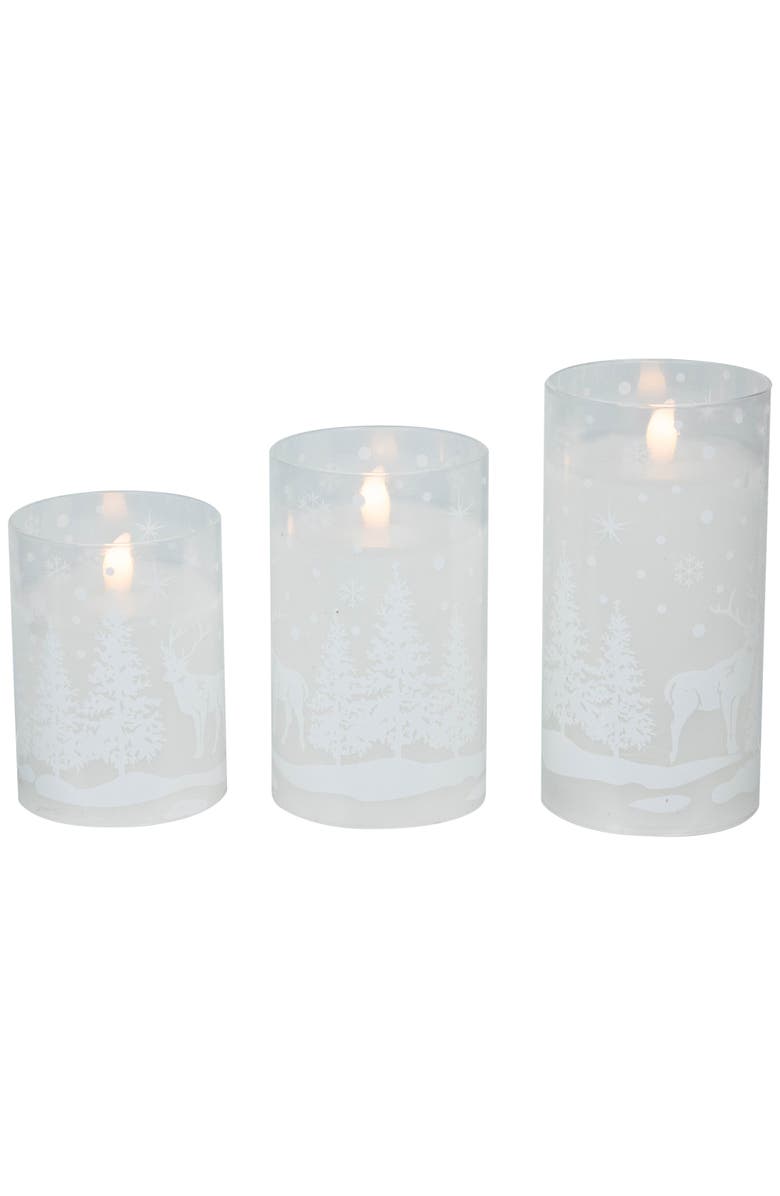 Northlight LED Flameless Flickering Snowy Woodland Glass Christmas Pillar Candles - 6" - Set of 3, Alternate, color, White