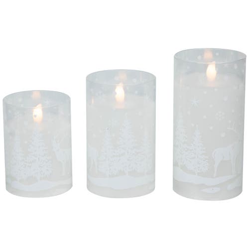 Northlight Led Flameless Flickering Snowy Woodland Glass Christmas Pillar Candles In White
