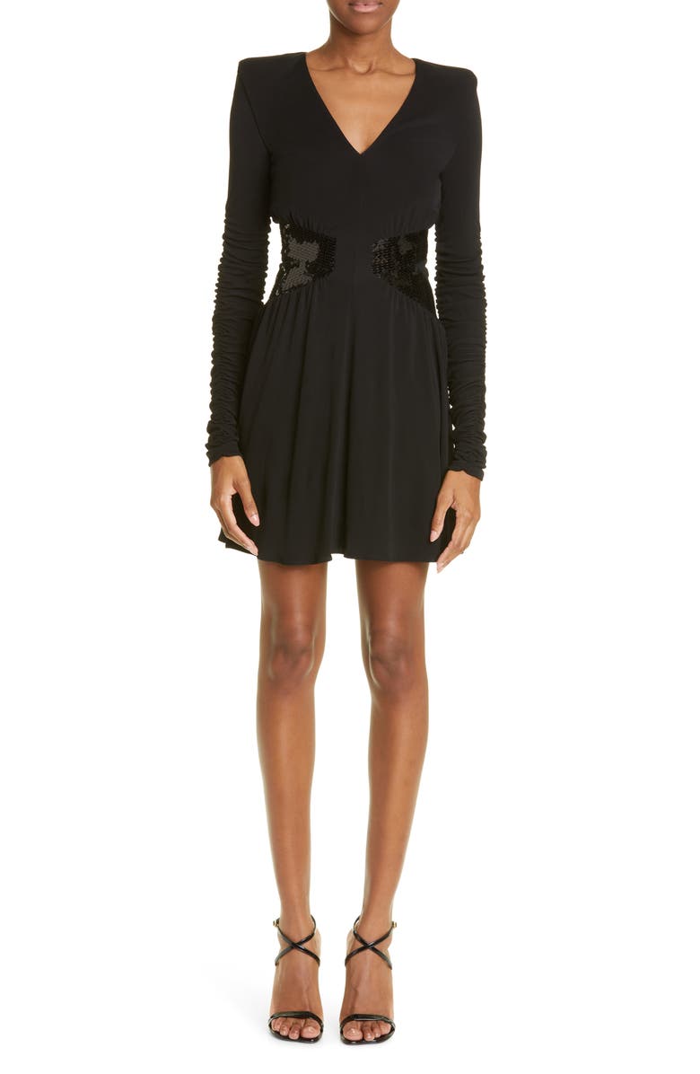 Balmain Sequin Waist Long Sleeve Fit & Flare Minidress, Main, color,