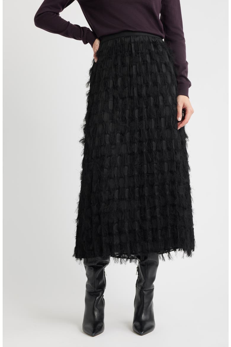 Vodia Fringe Detail Midi Skirt, Main, color, BLACK
