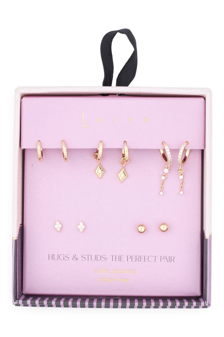 Set of 5 Stud & Hoop Earrings, Main, color, CLEAR- GOLD