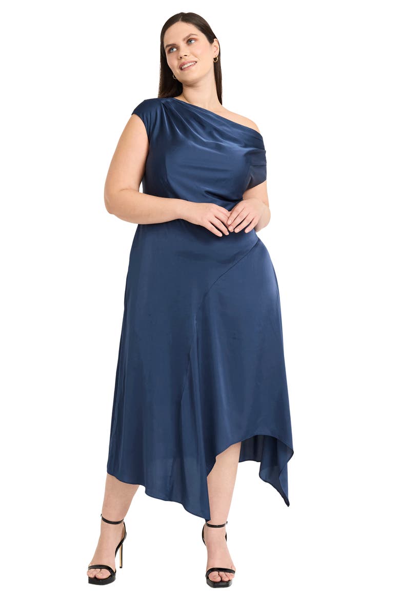 One-Shoulder Cap Sleeve Satin Midi Dress, Alternate, color, ENSIGN BLUE