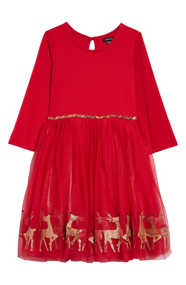 Zunie Kids' Glitter Reindeer Tulle Dress, Main, color, 