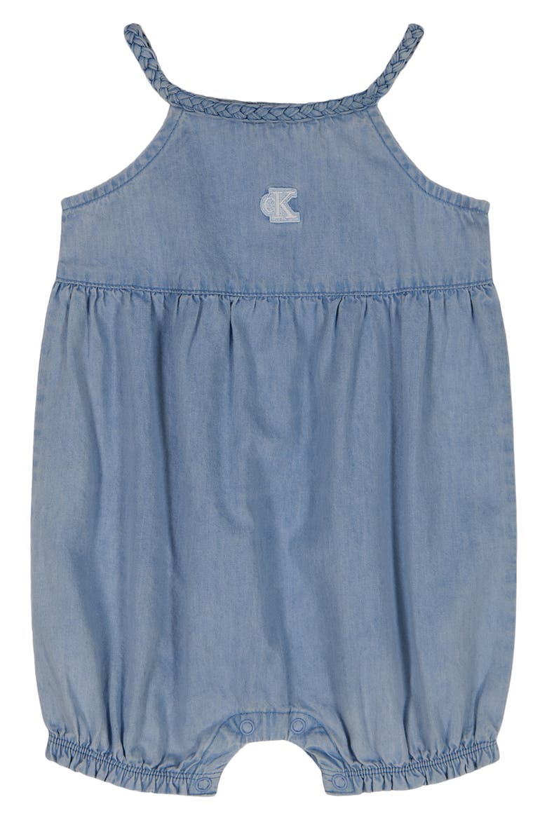 Logo Appliqué Chambray Bubble Romper, Main, color, BLUE