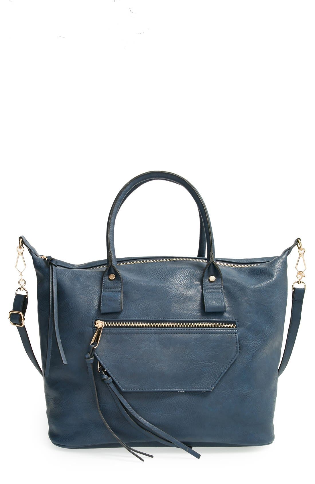 Faux Leather Satchel, Main, color, NAVY