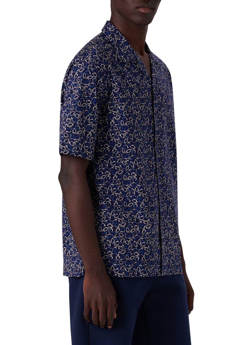 OoohCotton® Tech Leaf Print Knit Short Sleeve Button-Up Camp Shirt, Alternate, color, NAVY