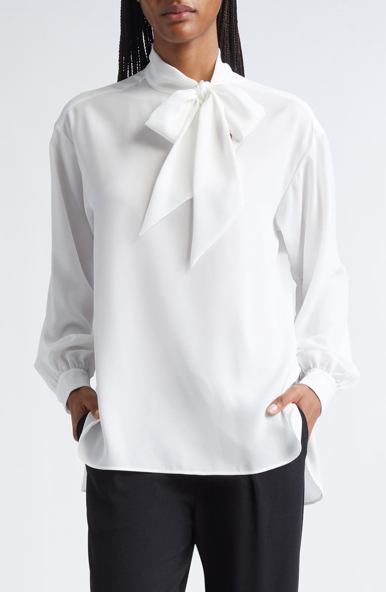 Emporio Armani Crepe Tie Neck Shirt, Main, color, Solid White