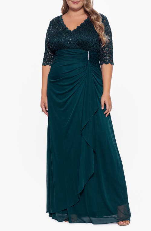 Betsy & Adam V-Neck Lace Gown in Pine 