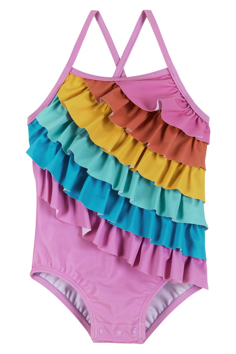 Rainbow Ruffle One-Piece Swimsuit, Main, color, PURPLE RAINBOW
