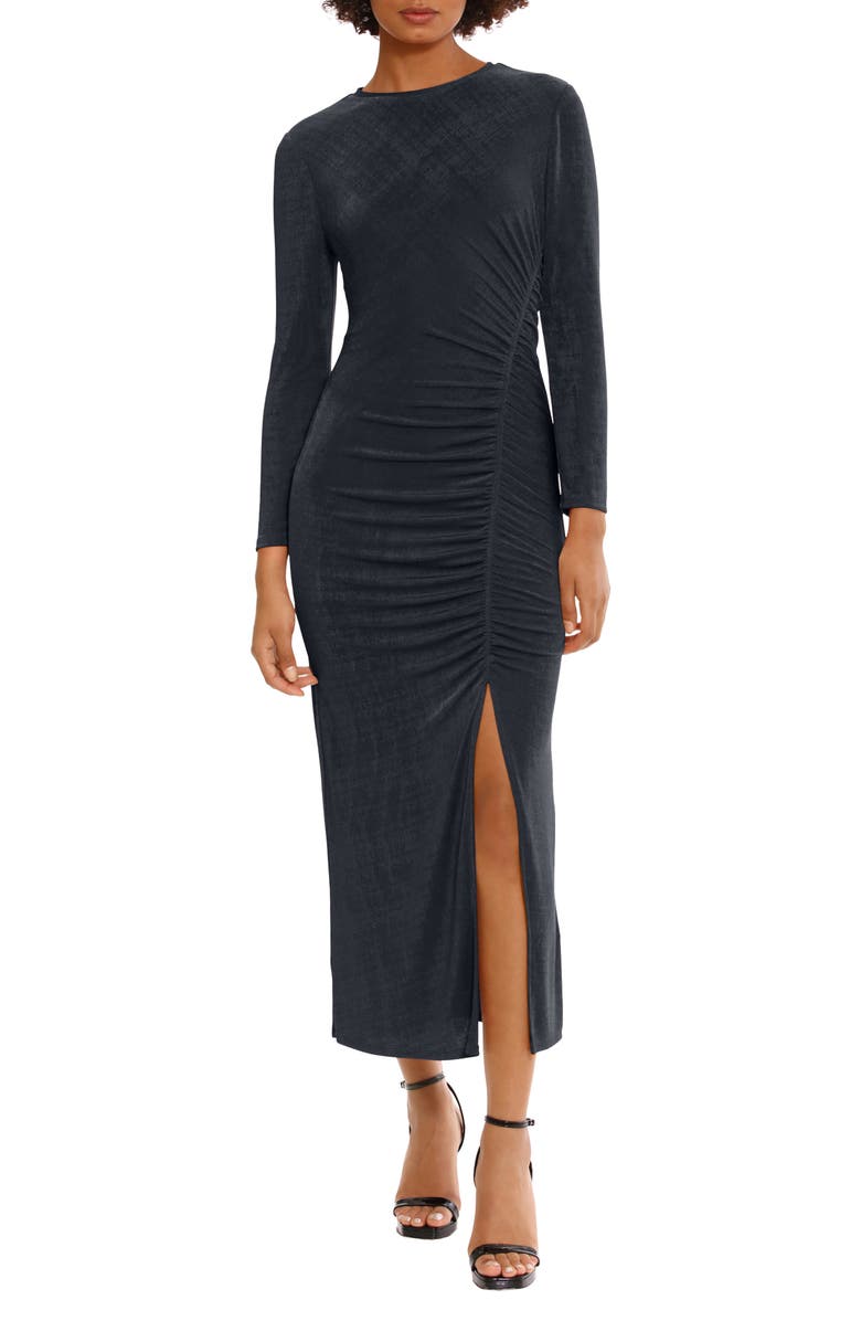 DONNA MORGAN FOR MAGGY Long Sleeve Ruched Slit Dress, Main, color, 
