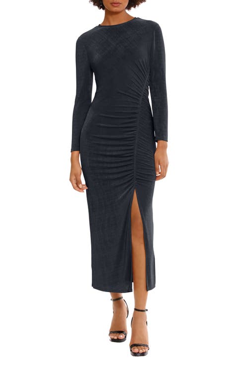 Long Sleeve Ruched Slit Dress