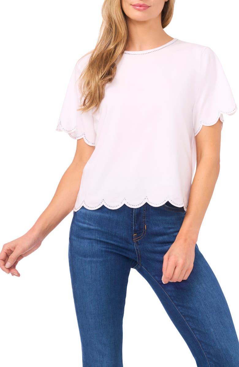 CeCe Embellished Scalloped Trim Jersey Top, Main, color, Ultra White