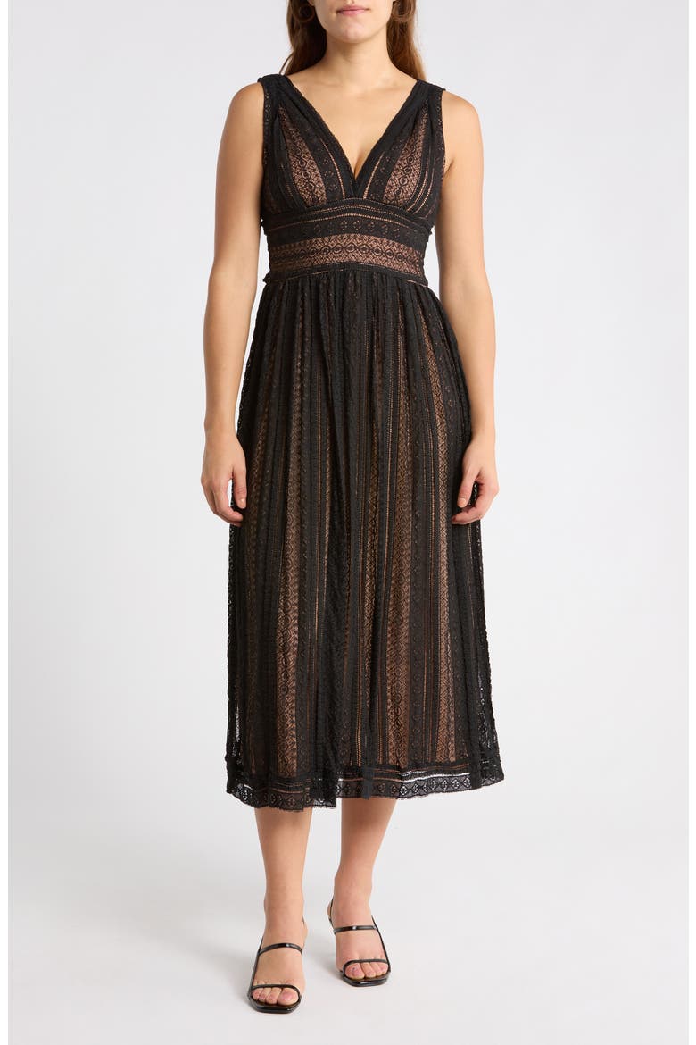 V-Neck Lace Midi Dress, Main, color, BLACK/ BEIGE LINING