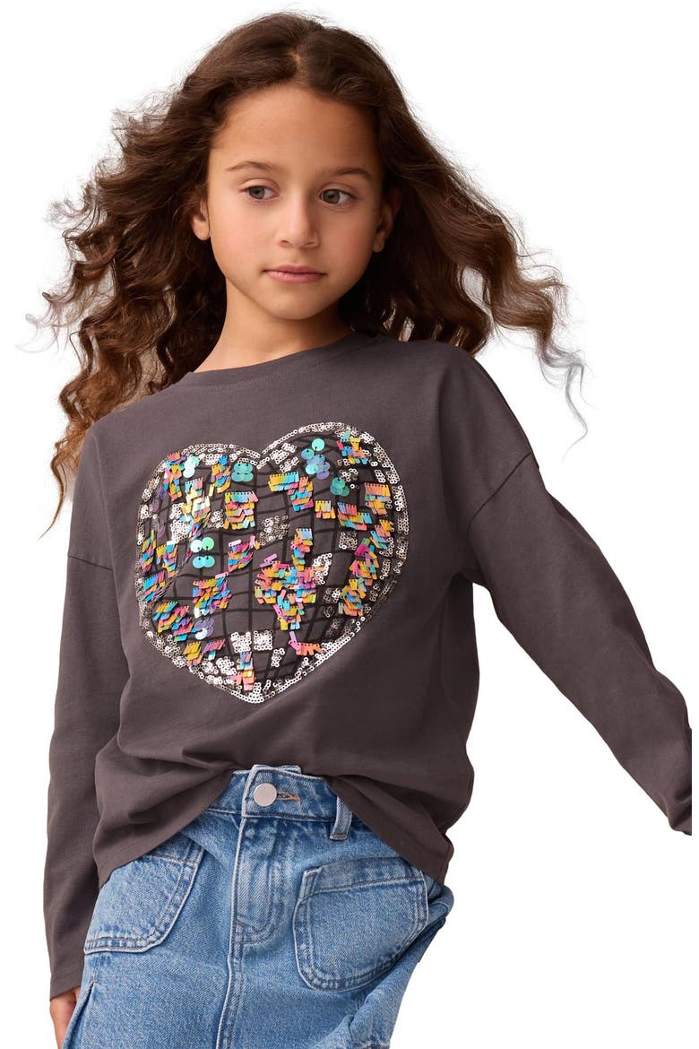 Kids' Sequin Heart Long Sleeve T-Shirt, Alternate, color, GREY