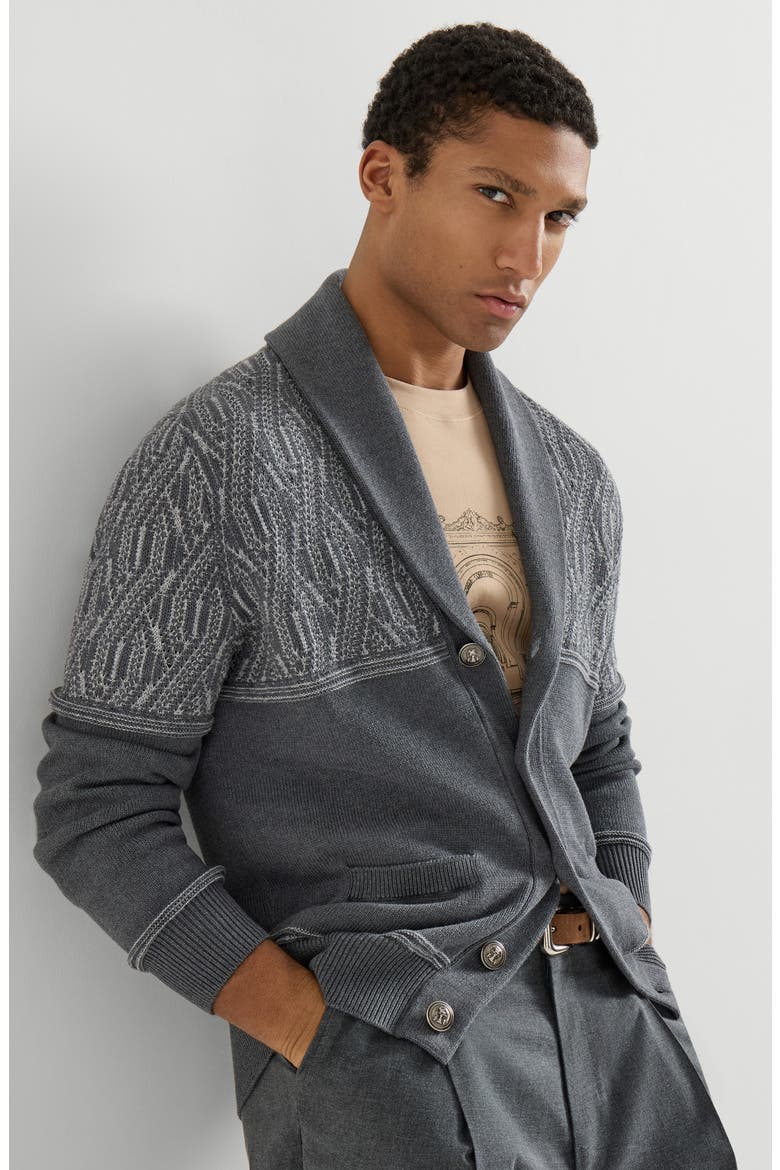 Cotton shawl collar cardigan with jacquard cable shoulder, Alternate, color, Medium Grey