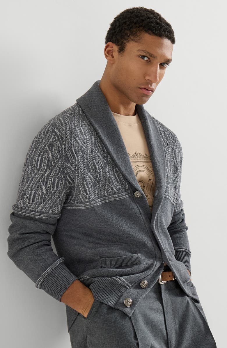 Brunello Cucinelli Cardigan with shawl collar, Alternate, color, Medium Grey