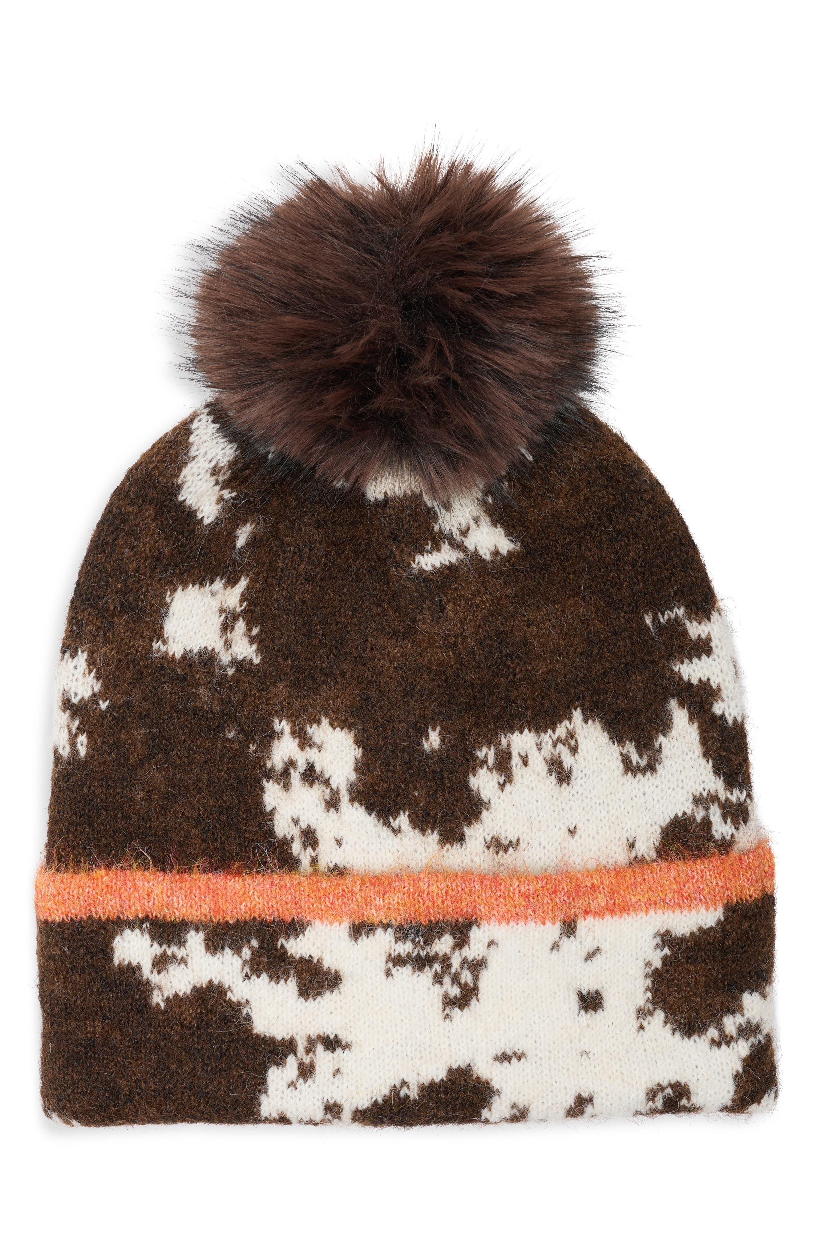 Bcbg Knit Beanie With Faux Fur Pompom In Brown Multi