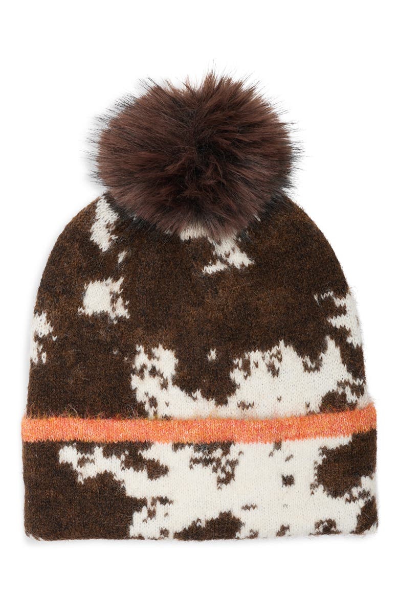 Knit Beanie with Faux Fur Pompom, Main, color, BROWN MULTI