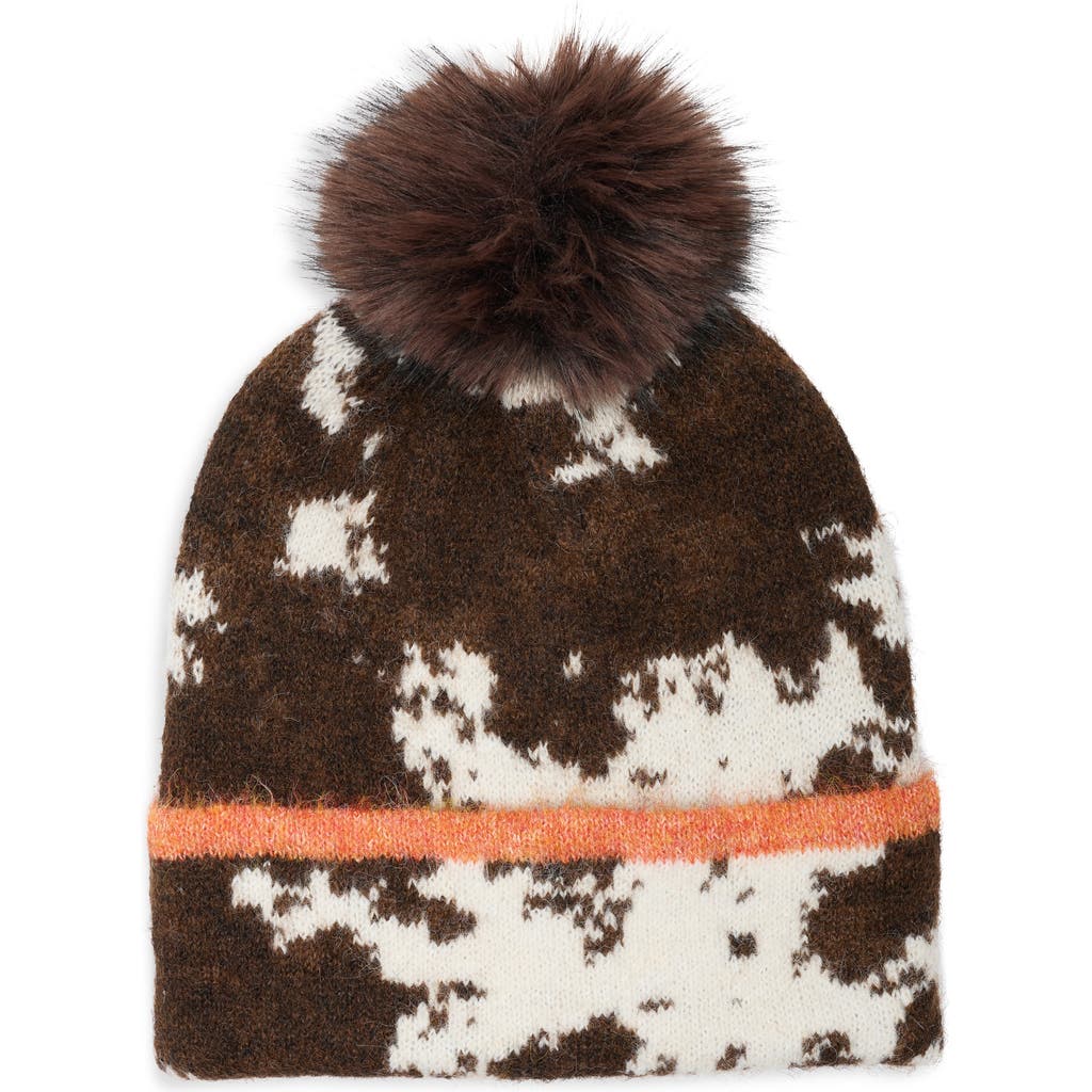 Bcbg Knit Beanie With Faux Fur Pompom In Brown Multi
