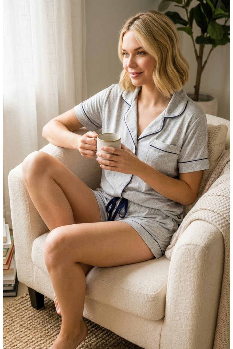 Yummy Jersey Notched Collar & Short Pajama set, Alternate, color, Grey