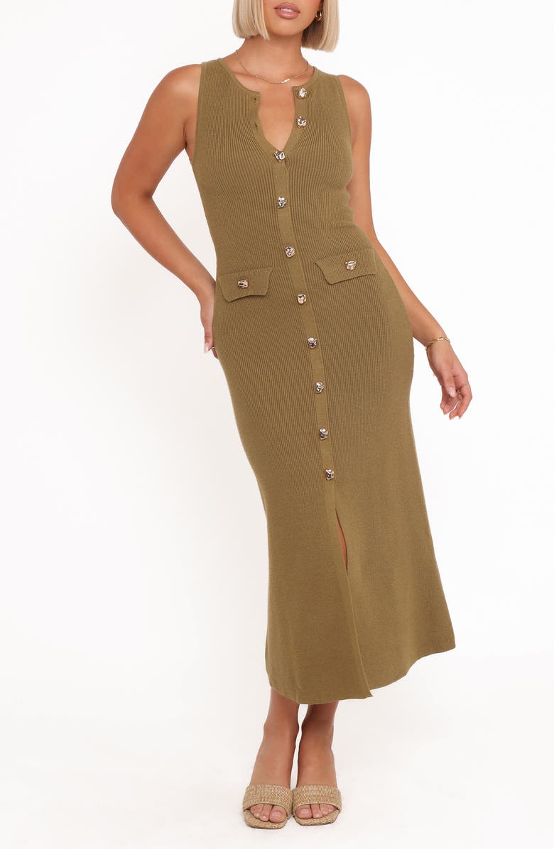 Petal & Pup Sleeveless Rib Button-Up Sweater Midi Dress, Main, color, Olive