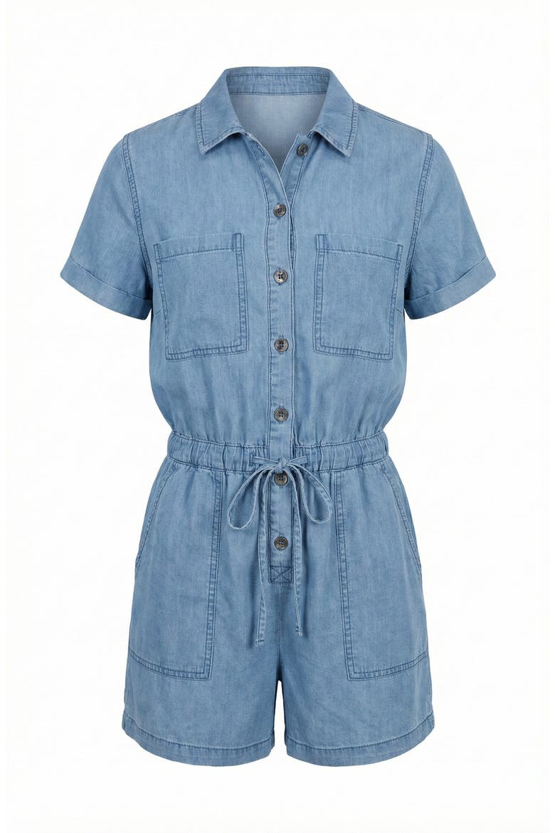 Utility Button-Up Denim Romper with Pockets and Drawstring Waist, Alternate, color, Denim Blue