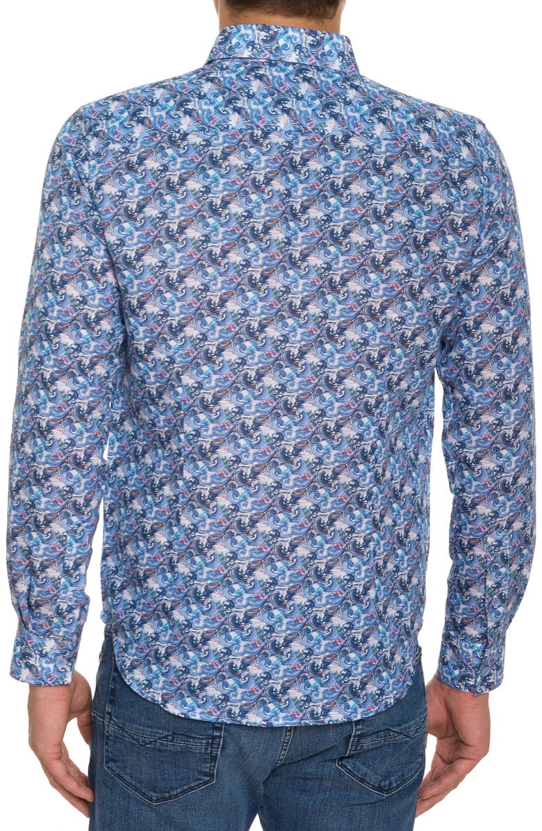 Robert Graham Big Sur Wave Print Linen & Cotton Button-Up Shirt, Alternate, color, 