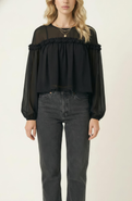 Modenaire Sheer Long Sleeve Blouse with Ruffled Trim and Flowing Silhouette
