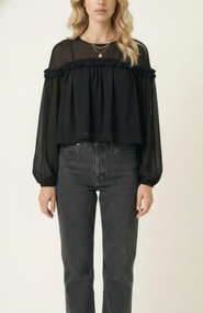 Modenaire Sheer Long Sleeve Blouse with Ruffled Trim and Flowing Silhouette