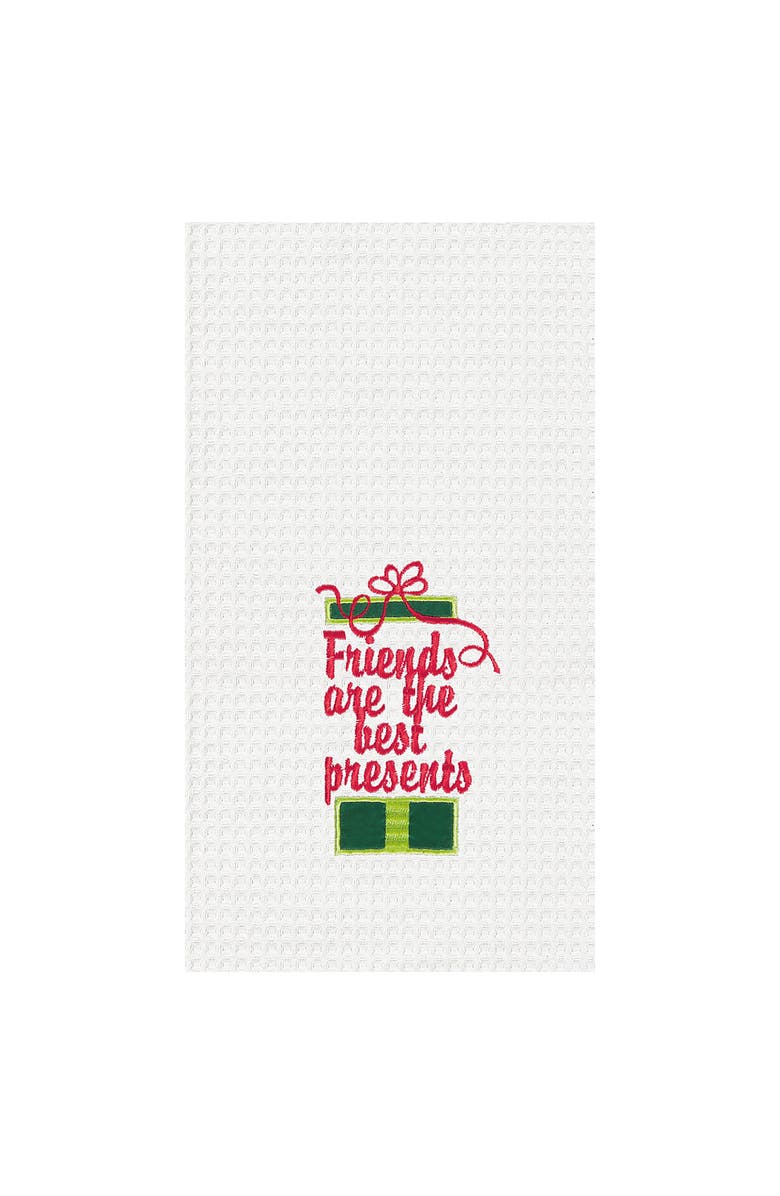 C&F Home 27" x 18" Christmas Presents w/ String Bow "Friends Are The Best Presents" Embroidered Cotton Waffle Weave Kitchen Dishtowel, Main, color, White