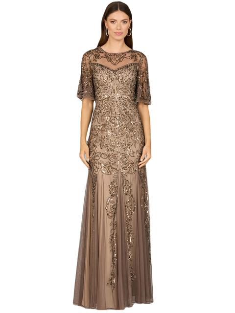 Short Sleeve Sheath Beaded Gown