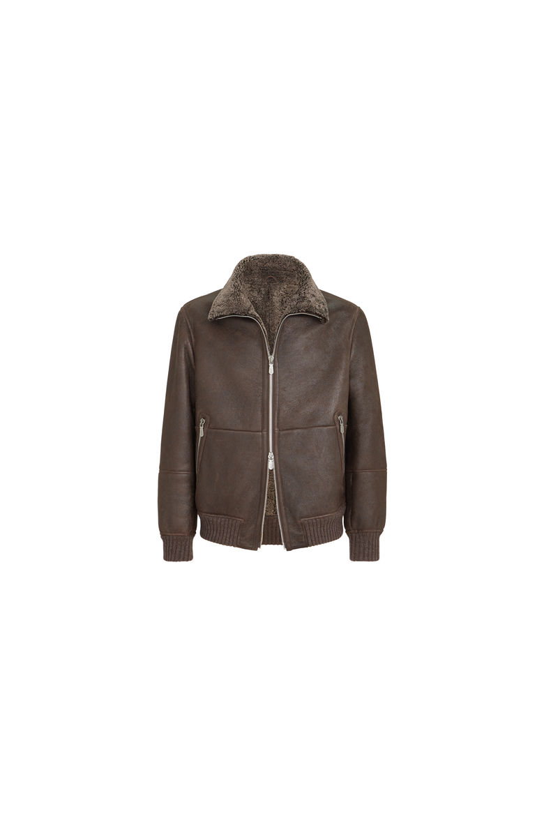 Vintage-effect shearling bomber jacket, Alternate, color, Brown