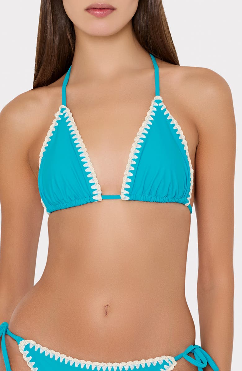 Milly Whipstitch Detail Triangle Bikini Top, Main, color, Teal