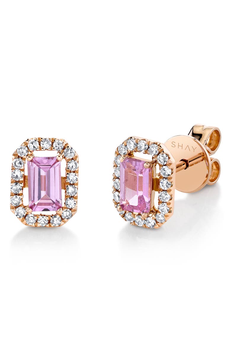 SHAY 18K Gold Pavé Halo Pink Sapphire Earrings, Main, color, Rose Gold
