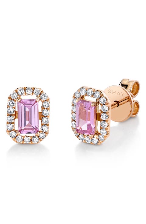 18K Gold Pavé Halo Pink Sapphire Earrings