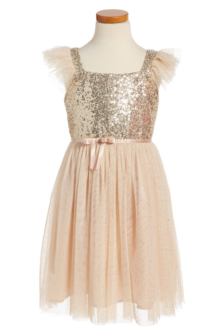 Sequin Bodice Tulle Dress, Alternate, color, WHITE/ GOLD