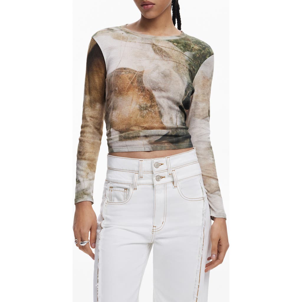 Desigual Abstract Print Cotton T-shirt In Sand