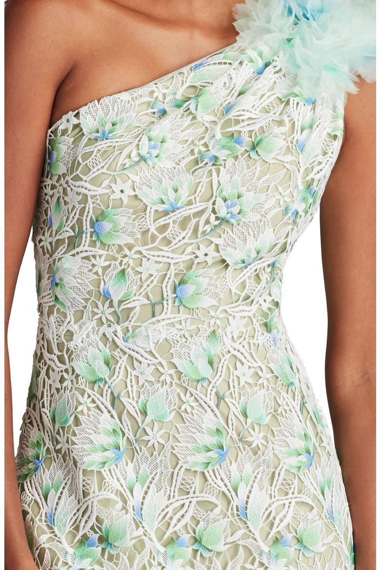 Embroidered Lace One-Shoulder Gown, Alternate, color, WHITE/ ALOE GREEN