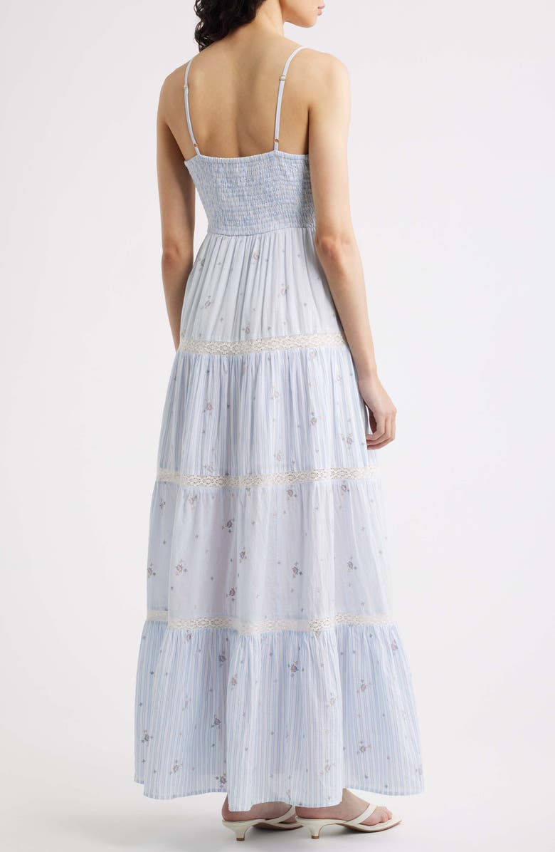LoveShackFancy Story Floral Mixed Stripe Cotton Maxi Dress, Alternate, color, Sky Mist
