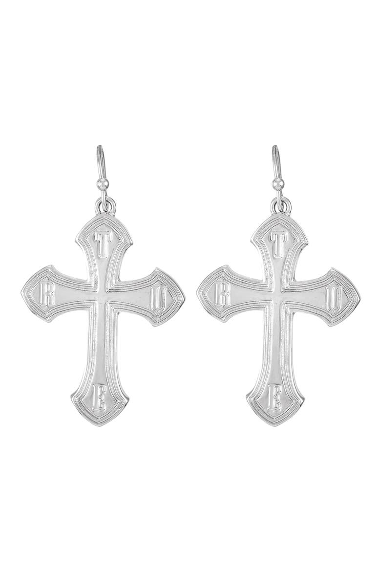 Logo Cross Drop Earrings, Main, color, SILVERTONE