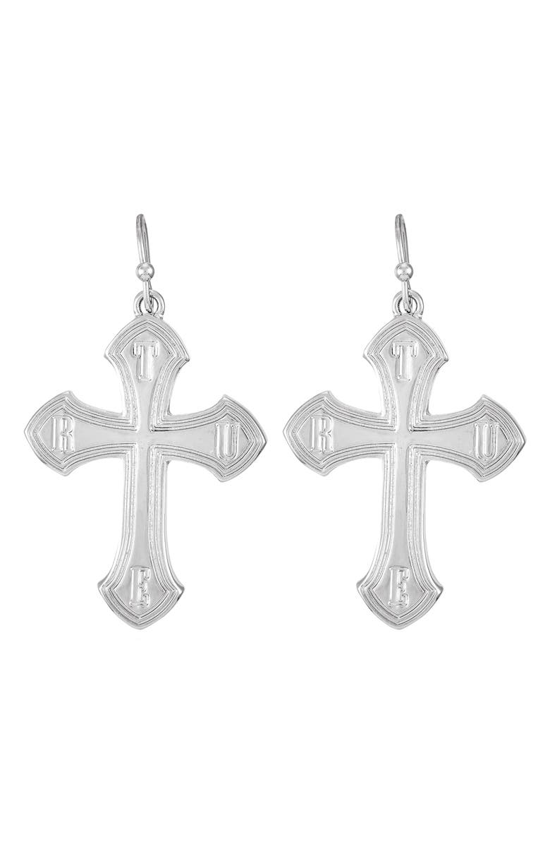 True Religion Logo Cross Drop Earrings, Main, color, Silvertone