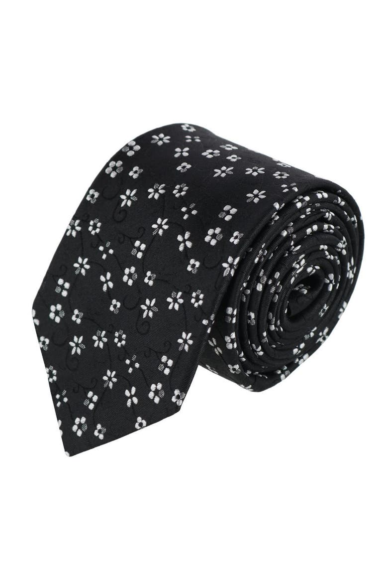 Big & Tall Tudor Daisy and Vine Silk Business Necktie, Main, color, Black