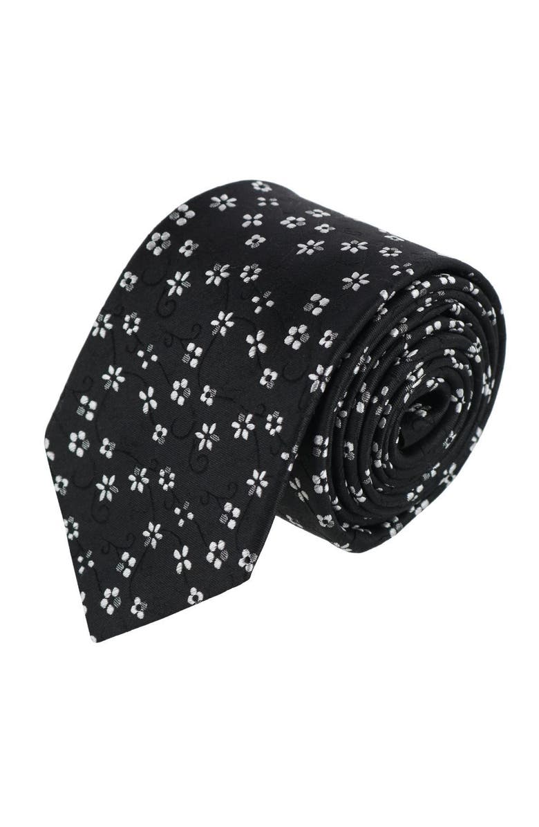 Trafalgar Big & Tall Tudor Daisy and Vine Silk Business Necktie, Main, color, Black