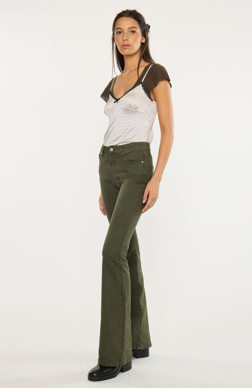 Kancan Olive High Rise Flare Jeans In Green