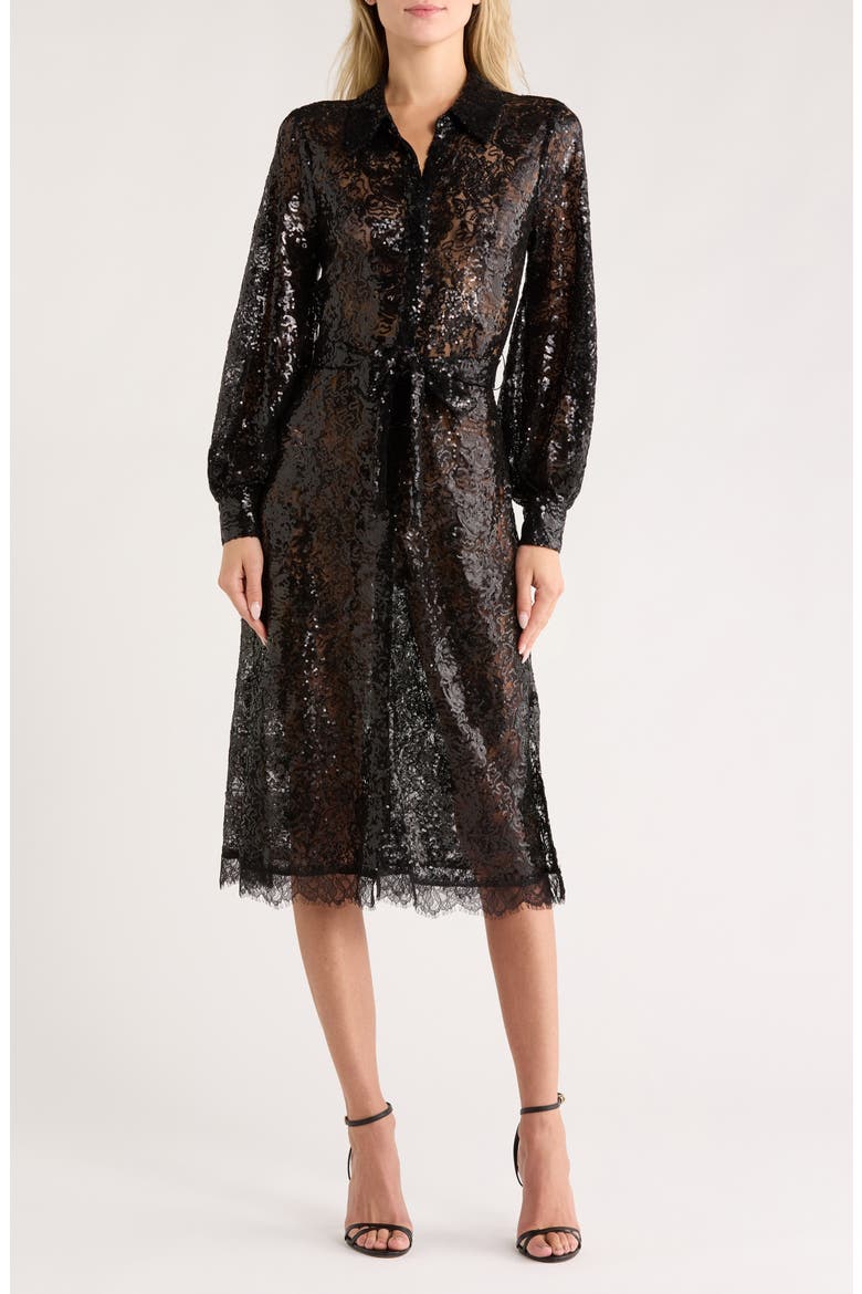 Frida Long Sleeve Sequin Lace Dress, Main, color, BLACK